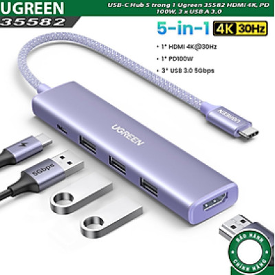 Cáp chuyển USB-C sang HDMI + PD 100W + 3 x USB 3.0 Ugreen 35582 - Hàng chính hãng