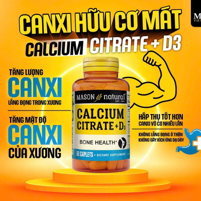 Viên uống Bổ sung canxi hữu cơ cho cơ thể Mason Natural Calcium Citrate + D3 – hộp 60 viên