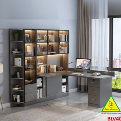 BÀN HỌC – BÀN LÀM VIỆC LIỀN KỆ GỖ MDF TỦ CÁNH KÍNH CÓ ĐÈN LED BLV402 - NỘI THẤT LẮP RÁP VIENDONGADV