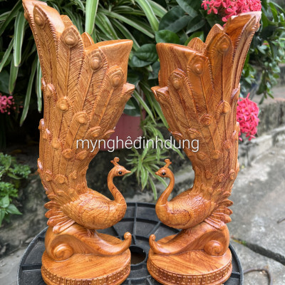 Cặp chim công cắm hoa trang tri phong khách bằng gỗ hương đá đẹp long lạnh kt cao 40×14×12cm 