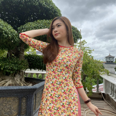 Áo dài nữ hồng vàng họa tiết hoa hồng