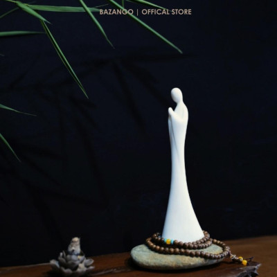 Tượng Phật bạch gốm - Khay gỗ và núi trang trí - hoa sen đốt trầm tặng kèm chuỗi hạt - Bazango - Trang Trí Nhà Decor Decor Phòng