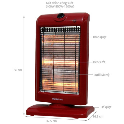 Sưởi Điện 3 Bóng Halogen Sunhouse Shd7016 (1000W) - Đỏ Đen - Hàng Chính Hãng
