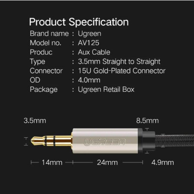 Ugreen UG40783AV125TK 5M màu Đen Cáp âm thanh 2 đầu 3.5mm dương đầu bọc kim loại cao cấp - HÀNG CHÍNH HÃNG