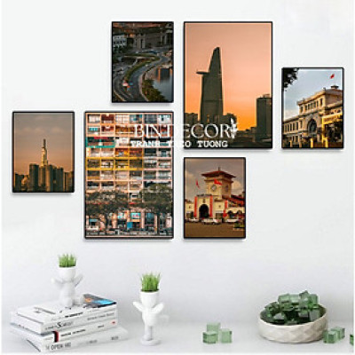 (ẢNH CHỤP THẬT)Tranh treo tường sài gòn 4 bộ 6 tấm trang trí decor kèm đinh treo