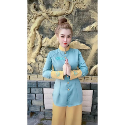 Đồ Lam đi chùa thiết kế cao cấp sj22 thêu SEN BỌC NÚT VẢI thủ công