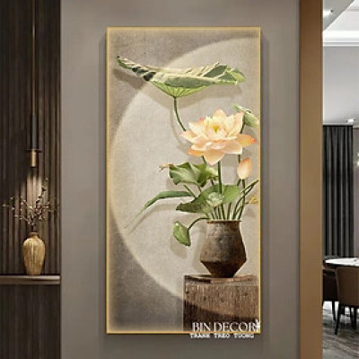 Tranh treo tường bình hoa sen 4 tranh dọc bo viền kèm đinh