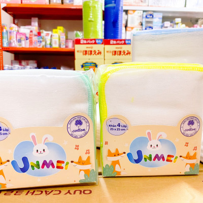 Gói 50 Khăn sữa vải gạc Unmei Dày 4 lớp 25x25cm 100% cotton (Đồ dùng vệ sinh cho bé)