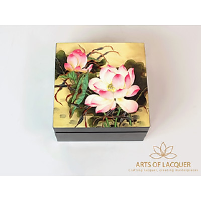 Hộp Lưu Niệm Sơn Mài Họa Tiết Hoa Sen Hồng