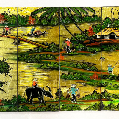 Bộ Tranh sơn mài 4 tấm - ĐỒNG QUÊ / PHỐ CỔ VIỆT NAM - Size 50x80 cm / 60x120 cm