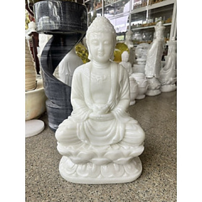 Tượng Phật Adida, phật tổ như lai ngồi đài sen đá cẩm thạch trắng - Cao 50cm