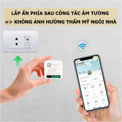 Công tắc Wifi Hunonic Mini 2 kênh 500W/kênh - LẮP SAU CÔNG TẮC ÂM TƯỜNG - Điều khiển từ xa bằng điện thoại
