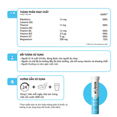 Combo Thực phẩm bảo vệ sức khỏe KUDOS BALANCE MAGNESIUM WITH B VITAMIN COMPLEX & D3 + KUDOS VITAMIN C 1000 MG (20v/tuýp)