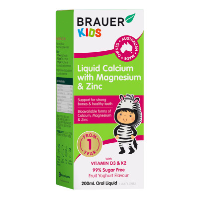 Siro Brauer Kids Liquid Calcium with Magnesium and Zinc nhập khẩu từ ÚC - Bổ sung Vitamin Canxi, Magie và Kẽm cho trẻ từ 1 tuổi (200ml)