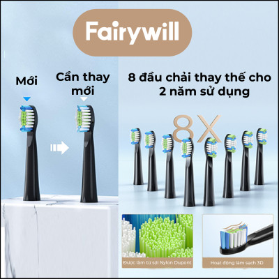 Bàn chải đánh răng Fairywill E11. Công nghệ Đức, tặng kèm 8 đầu bàn chải đủ dùng trong 2 năm