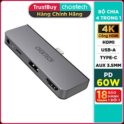 Hub Chuyển Đổi Type C to HDMI 4K 60Hz, Type C PD 60W, USB 2.0, AUX 3.5mm (4 In 1) CHOETECH HUB-M13 - Hàng Chính Hãng