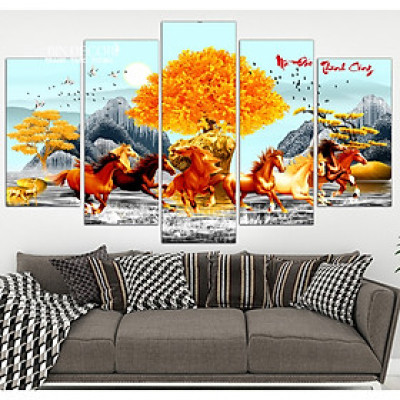 (ẢNH THẬT) Tranh treo tường phòng khách mã đáo thành công 3 bộ 5 tấm bo viền sang trọng