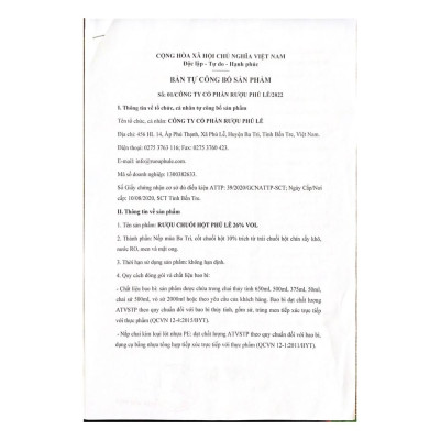 Rượu Chuối Hột Phú Lễ 26% vol - 650ml