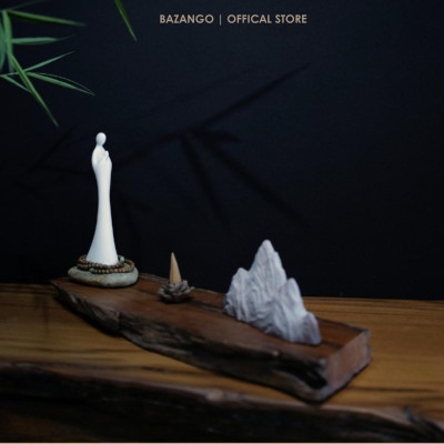 Tượng Phật bạch gốm - Khay gỗ và núi trang trí - hoa sen đốt trầm tặng kèm chuỗi hạt - Bazango - Trang Trí Nhà Decor Decor Phòng