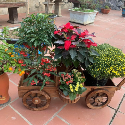 Kệ gỗ để chậu hoa cây cảnh trang trí nhà cửa sân vườn có bánh xe di chuyển tiện lợi kiểu dáng vintage cổ điển màu sắc tự nhiên, thân thiện với môi trường