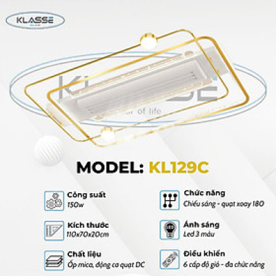 Quạt ốp trần mẫu mới không cánh quay 180 độ, ốp sát trần thế hệ mới, lắp cho phòng khách - phòng ngủ, hàng chính hãng Klasse KL129C