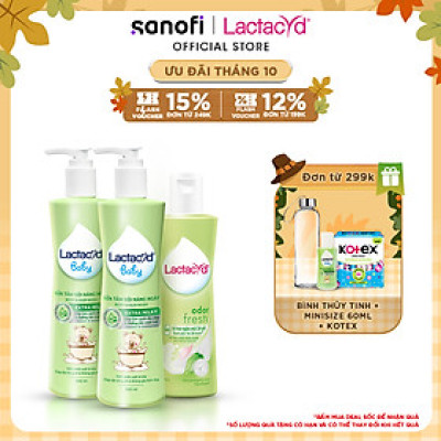 Bộ 2 Sữa Tắm Gội Trẻ Em Lactacyd Baby Extra Milky 500ml + 1 Dung Dịch Vệ Sinh Phụ Nữ Odor Fresh 250ml