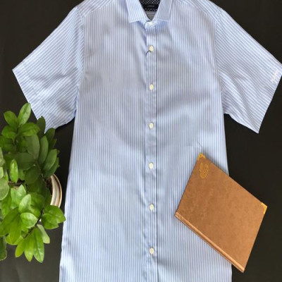 Áo sơ mi nam ngắn tay ALIGRO kẻ xanh trắng chất liệu cotton tự nhiên cao cấp, vạt bằng, form custom sang trọng  ALGS-C93