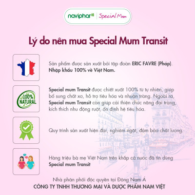 Siro Special Mum Transit bổ sung chất xơ, hỗ trợ tiêu hóa cho phụ nữ mang thai. Hỗ trợ tăng lợi khuẩn, làm mềm phân, giúp nhuận tràng cho mẹ bầu- 200ml