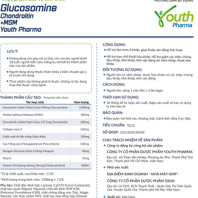 Viên Uống Glucosamine Chondroitin +MSM Youth Pharma Hỗ Trợ Làm Trơn Ổ Khớp, Giúp Khớp Vận Động Linh Hoạt. Hộp 30 Viên