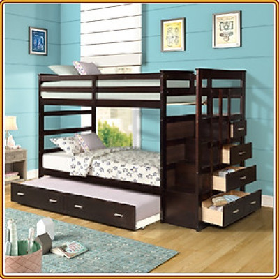 Giường 3 tầng kèm hộc kéo phụ sát đất Tundo màu nâu 