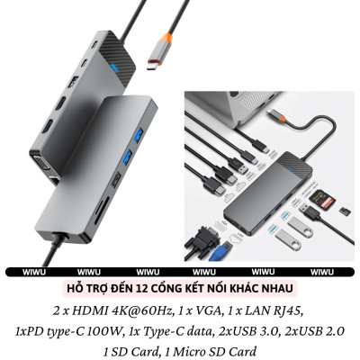 Hub chuyển đổi chia cổng USB-C 12in1 sạc nhanh 100W trang bị USB 3.0 +PD Type-C + Micro SD, SD + HDMI 4K@60Hz, LAN RJ45, VGA hiệu WIWU Linker 12in1 cho Macbook Laptop cho iPhone - Hợp kim nhôm, vừa sạc vừa xuất màn hình và truyền dữ liệu - Hàng nhập khẩu