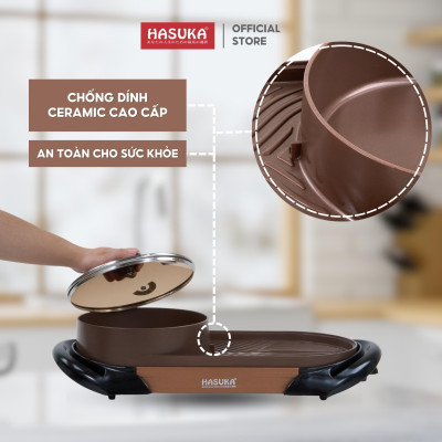 Bếp lẩu nướng đa năng HASUKA HSK-366LN 2in1 nướng, lẩu đồng thời, lòng nồi chống dính Ceramic an toàn - HÀNG CHÍNH HÃNG