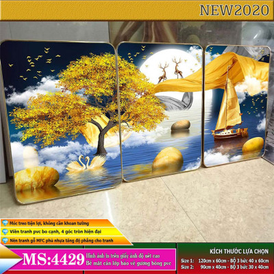 Bộ tranh treo tường 3 tấm trang trí phòng khách, phòng ngủ phong cách mỹ thuật hiện đại chất liệu cán pvc gương:4429L15S