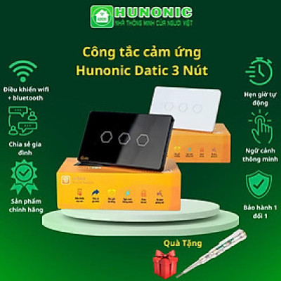 Công tắc cảm ứng Hunonic Datic 3 Nút kết nối Wifi điều khiển mọi thiết bị từ xa qua điện thoại, 2 màu trắng và đen