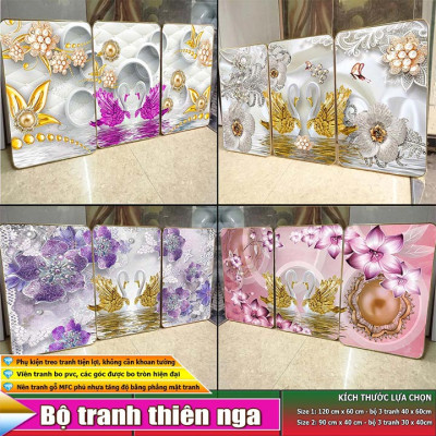 Bộ tranh treo tường 3 tấm trang trí phòng khách, phòng ngủ phong cách mỹ thuật hiện đại chất liệu cán pvc gương:4429L15S