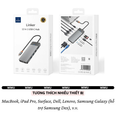 Hub chuyển đổi chia cổng USB-C 12in1 sạc nhanh 100W trang bị USB 3.0 +PD Type-C + Micro SD, SD + HDMI 4K@60Hz, LAN RJ45, VGA hiệu WIWU Linker 12in1 cho Macbook Laptop cho iPhone - Hợp kim nhôm, vừa sạc vừa xuất màn hình và truyền dữ liệu - Hàng nhập khẩu