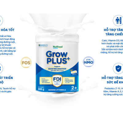 Sữa bột Nutifood Growplus+ loại 2+ hỗ trợ tiêu hóa từ 2 tuổi trở lên 800g
