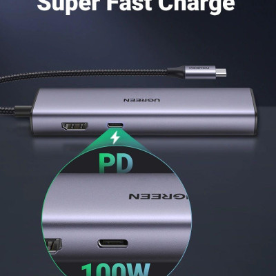 Ugreen UG90568CM512TK 4K30Hz Bộ chuyển 7in1 USB type C sang 2*USB3.0 + HDMI + RJ45 + SD & TF + PD Converter - HÀNG CHÍNH HÃNG
