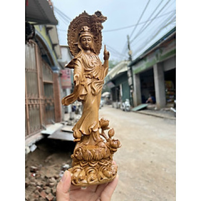Tượng phật bà quan âm bồ tát bằng gỗ bách xanh thơm nức kt cao 30×8×9cm