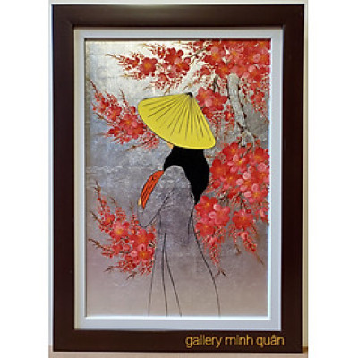 TRANH SƠN MÀI THẾP VÀNG -BẠC " THIẾU NỮ ÁO DÀI "