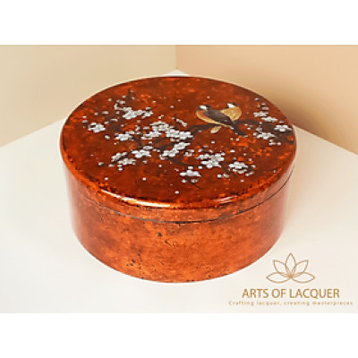 Hộp Trang Điểm Tròn Sơn Mài Hoa Mai Trắng và Chim Hổ Phách