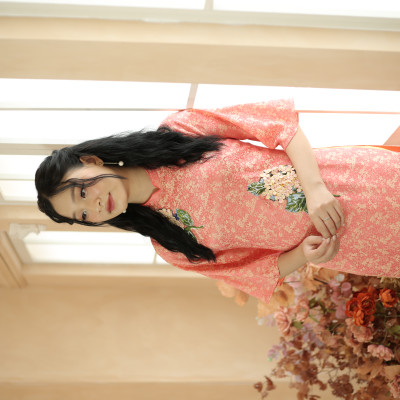 Áo dài cách tân thiết kế lụa cam kết hoa cam ( size M)