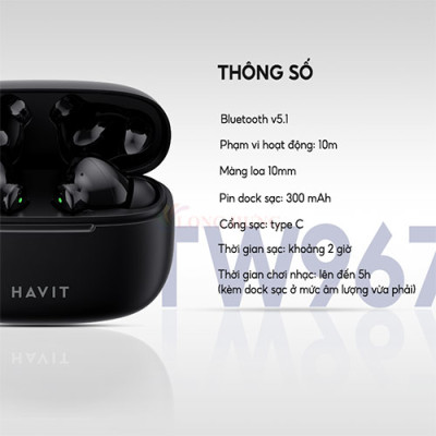 Tai nghe Bluetooth True Wireless Havit TW967 Pro - Hàng chính hãng