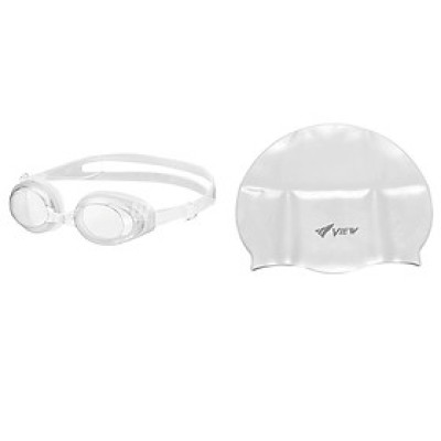 Bộ Kính Bơi Nhật Bản VIEW V610 C (Trong suốt) Chống Tia UV Chống Sương Mù Chuyên Dùng Cho Bơi Buổi Tối Và Nón Bơi View V31(Trắng) - Hàng chính hãng 100% sản xuất tại Nhật Bản