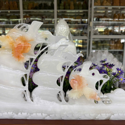 Tượng thuận buồm xuôi gió và đôi uyên ương phong thủy đá bạch ngọc trang trí bàn làm việc, phòng khách