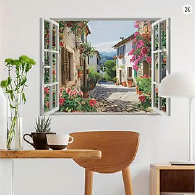 (HCM) tranh dán tường 3d cửa sổ phong cảnh trang trí phòng khách, phòng ngủ có sẵn keo