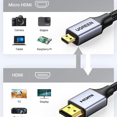 Ugreen UG10550HD109TK 1M 4k 60hz Cáp chuyển Micro HDMI sang HDMI đầu kim loại dài 1M - HÀNG CHÍNH HÃNG
