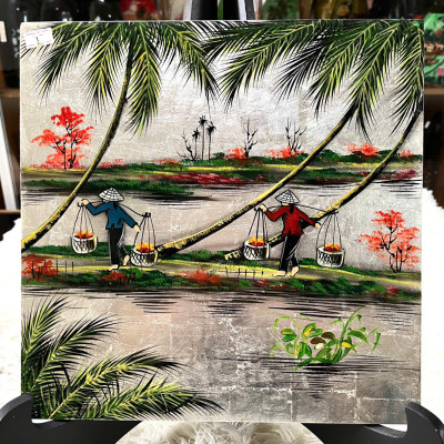 Tranh sơn mài đồng quê vẽ vàng, hàng xuất khẩu 30x30 cm