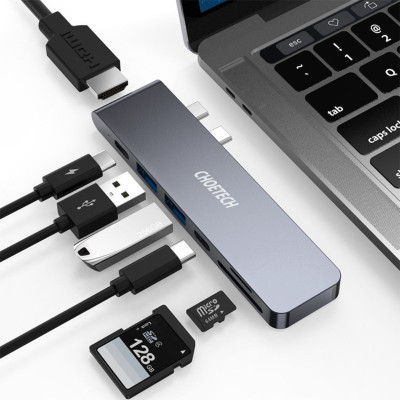 Hub chuyển Choetech HUB-M14 7in 2  dùng cho Mac-book ( Usb C* 2 To HDMI, TF, SD, 2*USB-C, 2*USB 3.0)- Hàng chính hãng