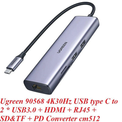 Ugreen UG90568CM512TK 4K30Hz Bộ chuyển 7in1 USB type C sang 2*USB3.0 + HDMI + RJ45 + SD & TF + PD Converter - HÀNG CHÍNH HÃNG